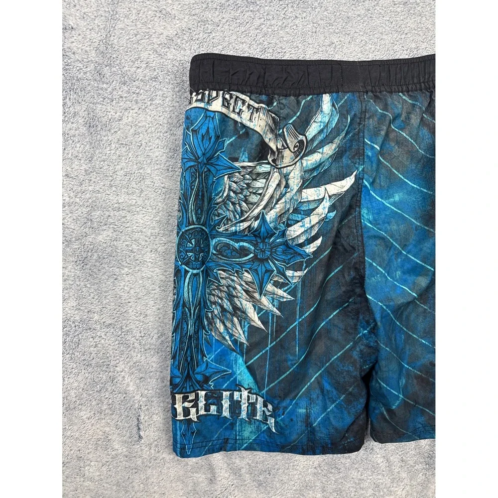 MMA Elite Mens Size M Blue Board Shorts Graphic Cross Wing Swim Trunks